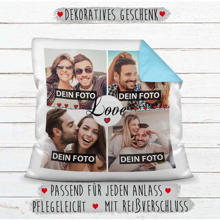 Фотоподушка з наповнювачем Print Royal Love – фотоколаж з 4 фото, індивідуальний напис, подарунок, кольорова, зворот блакитний