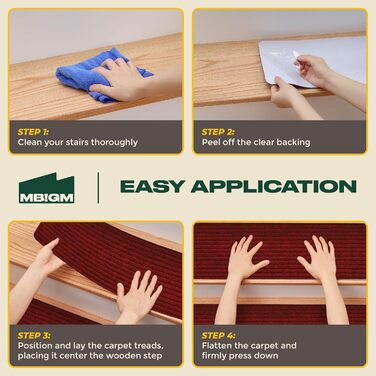 Набір сходинкових килимків MBIGM (15 шт.) - самоклеючі килимки на сходи для безпеки дітей, літніх людей та домашніх тварин (червоний, 20x65 см)