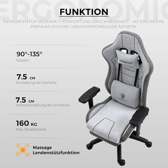Ігрове крісло Dowinx з тканини XXL, ергономічне, з масажем, 4D підлокітники, підніжка, сіре, для ПК та офісу