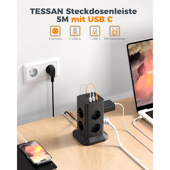 Блок розеток TESSAN із захистом від перенапруги 3600W 16A, 8 розеток + USB-C, подовжувач 2м, сірий, 1 USB-C (сірий&білий)