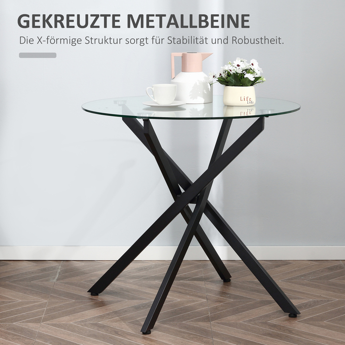 HOMCOM Modern Glass Dining Table, 80 cm Diameter, Kitchen Table with Tempered Glass Top and Metal Legs, for 4 People