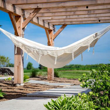 Vivere Double Cotton Hammock in Brazilian Style with Polyester End Loops, Weight Capacity 204 kg (Tropical) (Nature)