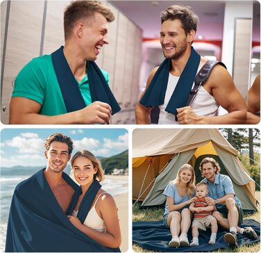 Набір з 3-х рушників з мікрофібри (великий 160x80 см та 2 маленькі 80x40 см), швидковисихаючі, для фітнесу та спорту, для пляжу, ванни, спорту та подорожей (темно-синій)