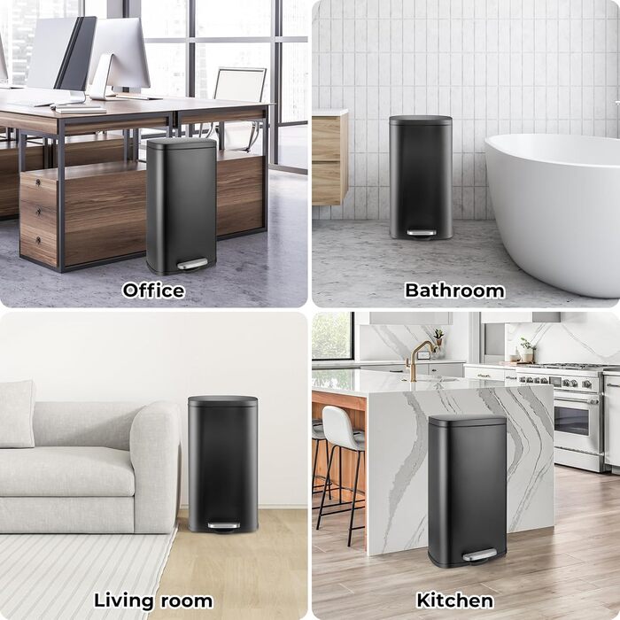Відро для сміття LIFERUN 30л з кришкою, з м'яким закриттям, сталеве, з внутрішнім відром, для кухні, ванної кімнати, офісу, чорне
