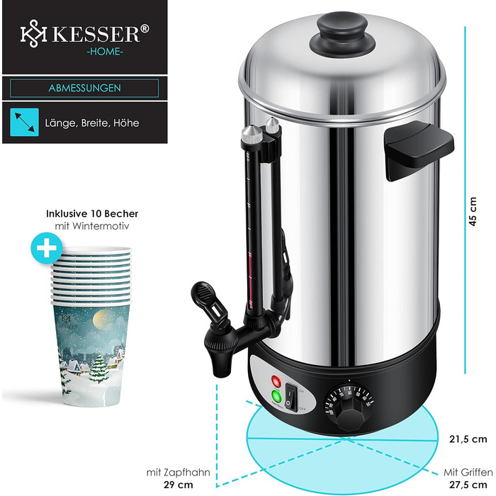 KESSER® Mulled Wine Boiler 8L Stainless Steel Incl. 10 Cups Mulled Wine Cooker with Thermostat Mulled Wine Dispenser Hot Beverage Dispenser Water Boiler Hot Water Dispenser Canning Device Level Indicator Tap Silver