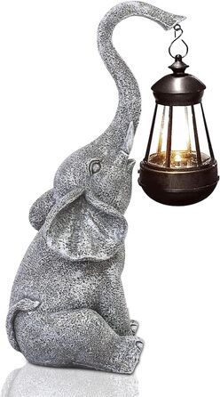 Yeomoo Elephant Decoration with Solar Lantern Garden Figures - for Outdoor Garden Decor with Weatherproof LED Solar Lamp for Balcony Garden, Gifts for Women Men Mom Birthday Gift Grey