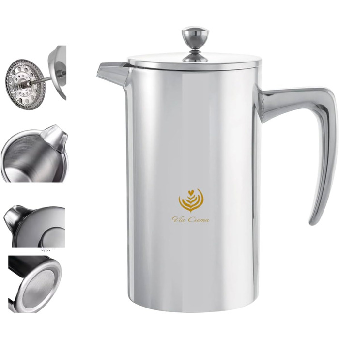 Френч-прес VIA CREMA зі скла та нержавіючої сталі, 800/1000 мл