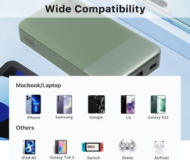 Power Bank Nobis 10000mAh 25W з USB-C кабелем, цифровою індикацією, зелений