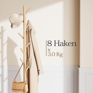 Pipishell Coat Rack, Clothes Rack, Garment Rack, Tree-Shaped Wardrobe, 3-Height Adjustable, for Clothing, Hat and Handbag, Suitable for Living Room, Bedroom or Office, With 8 Hooks, Nature