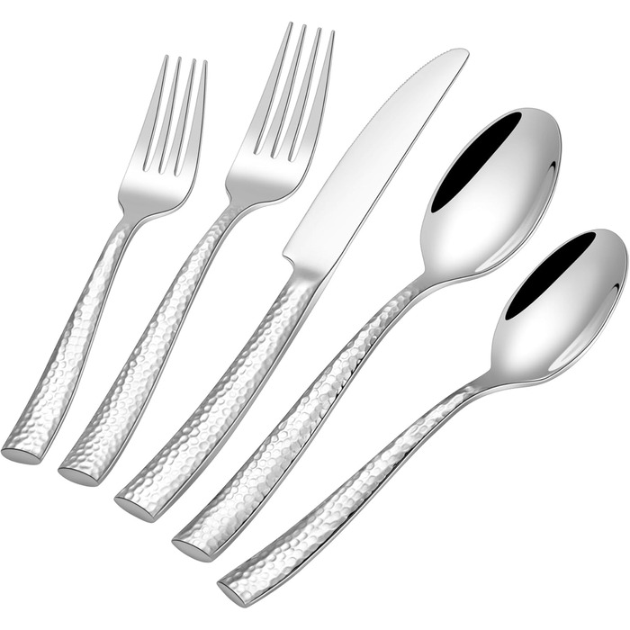 HONKKU 30-Piece Flatware Set, 6 People, Thickened Stainless Steel Cutlery Set with Hammered Handle, Eating Cutlery Set with Knife, Fork, Spoon, Mirror Polished, Dishwasher Safe