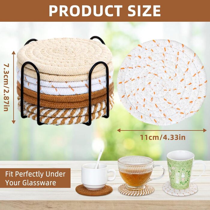 Absorbent Coasters for Drinks – Boho Coaster Set for Coffee Table – Stylish Natural Material, Home Decor, Colorful Cup Coasters with Holder, 10.9 inches, Light Coffee