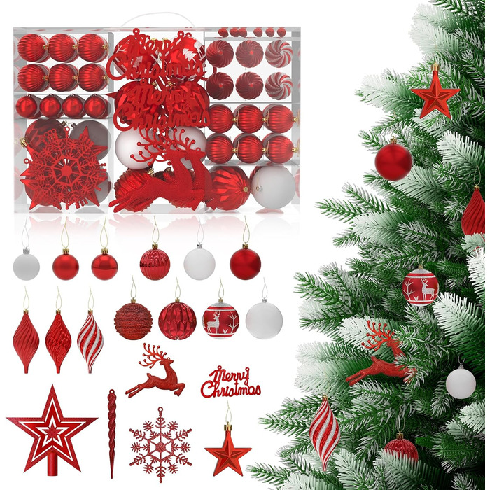 Набір 108 шт. новорічних кулічок Aufun Premium: пластик, верхівка, зірка, безпечні прикраси, багаторазові, кольори: шампань, червоний, срібний