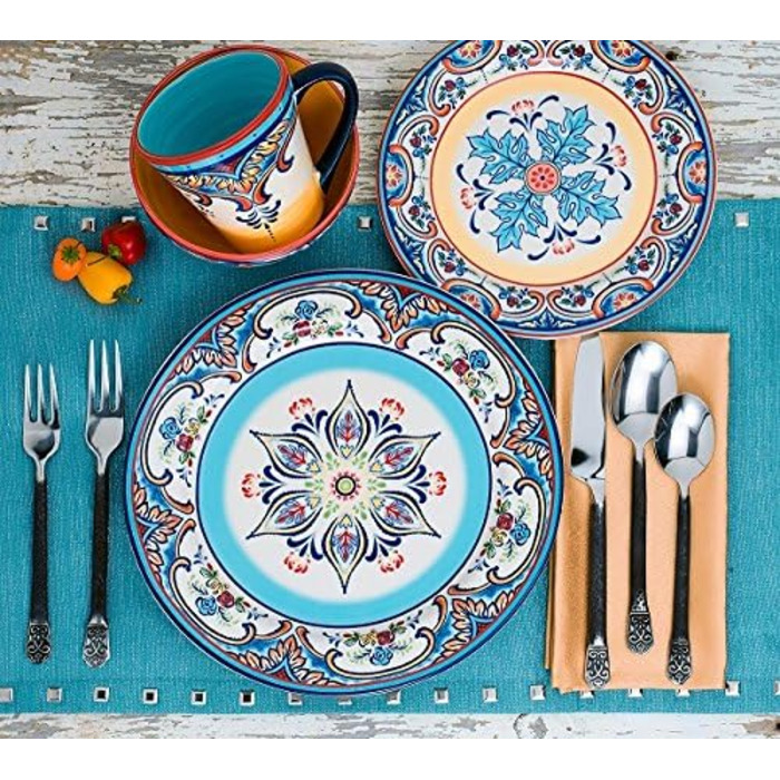 Набір посуду Euro Ceramica Zanzibar Collection, 16 предметів, для кухні та їдальні, на 4 особи, з іспанським квітковим візерунком, блакитно-жовтий посудовий набір