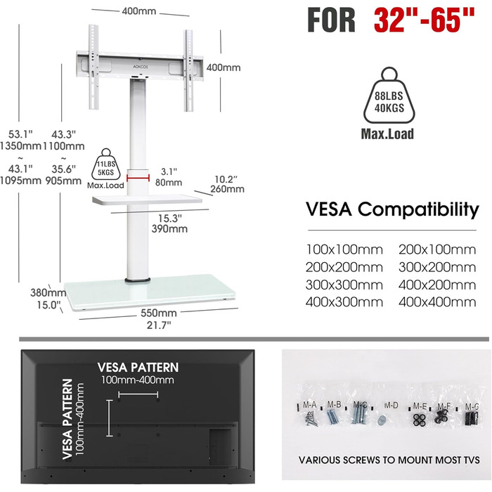 Підставка для телевізора Boden для 32-65 дюймів, поворотна на 60 градусів, з регулюванням кута нахилу, 8-ступенева регулювання висоти, стійка для телевізора для вітальні/спальні, витримує до 40 кг, VESA до 400 x 400, білий/декор для саду