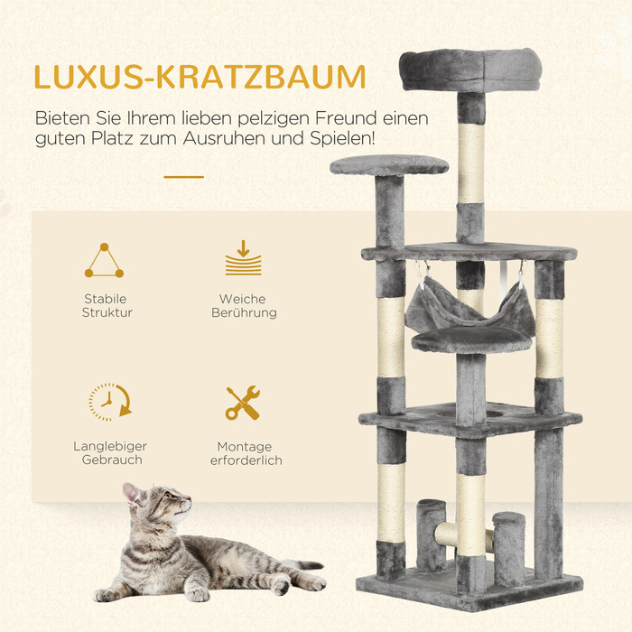 PawHut Дряпкач для котів з платформами, гамаком, стійкий, котячий комплекс, сірий, розмір L40 x Ш40 x В132 см | Aosom