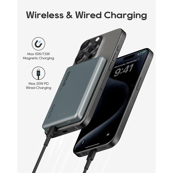 Power Bank Kuulaa MagSafe 10000 mAh 20W, Тонкий Пауербанк для iPhone 16/15/14/13, Колір Space Grey