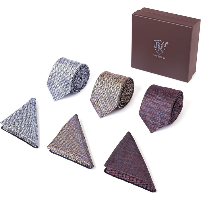 Набір краваток для чоловіків 3 шт. + 3 кишенькові хустинки | Подарунковий бокс для чоловіків | Класичний тауновий колір