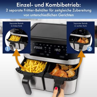 Подвійна аерофритюрниця ProfiCook 9 л XXL, 2400 Вт, 9 програм, сенсорне керування, чорний-нерж, без олії
