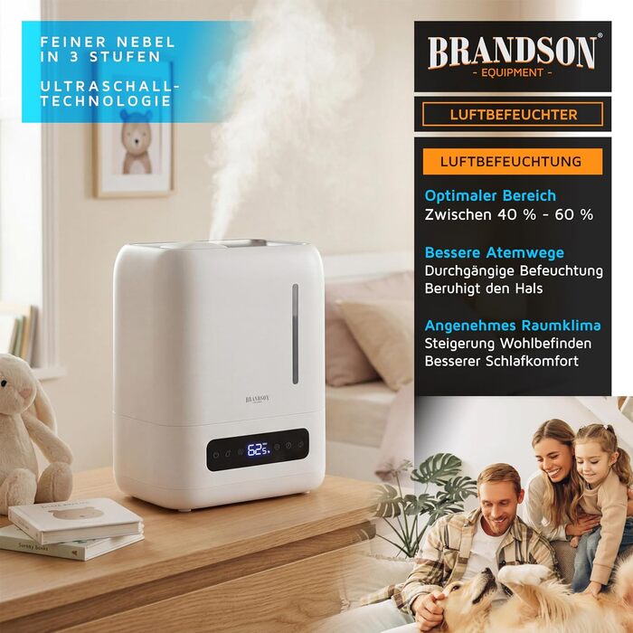 Зволожувач повітря Brandson 4 л з пульт дистанційного керування, ультразвуковий, LED-дисплей, 3 режими, аромадифузор, функція дезінфекції, нічний режим, для спальні та дитячої кімнати