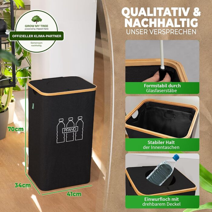 Deposit bottle collection container with lid and carrying bag | Perforated, rotating deposit container | Ideal deposit bottle storage, empty container collection container, bottle collector (Black)