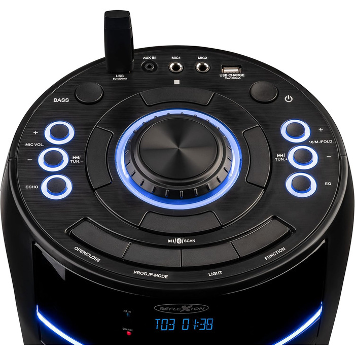 Reflexion PS09BT Bluetooth Партійний Динамік, DJ, Караоке, 500 Вт, Радіо UKW-PLL, LED-ефекти, Мікрофон, Акумулятор, Чорний