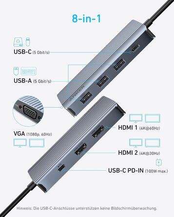 USB-C хаб Anker: док-станція з двома HDMI, 100W, 10Gbit/s, 8 портів для MacBook, Dell, iPad Pro