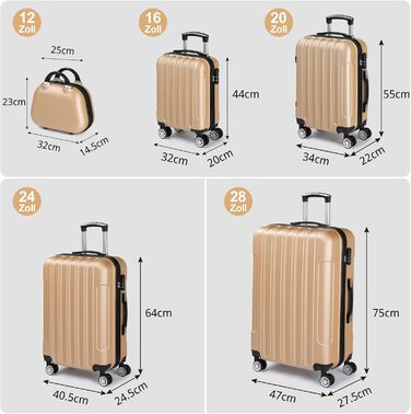 Набір валіз LEADZM 5 в 1: дорожній набір з косметичною сумкою, жорсткі валізи-троліки з ABS, телескопічний ручка, ручна поклажа (шампань)