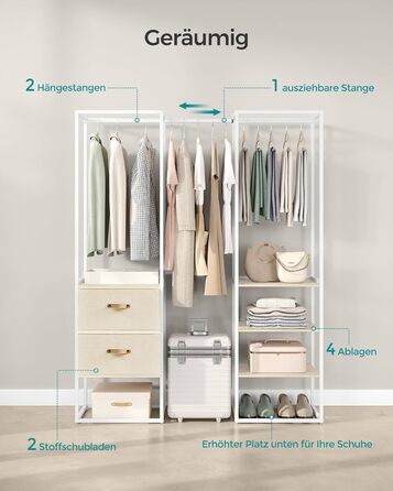 SONGMICS Clothes Rack, Open Wardrobe, High-Load-Capacity Coat Rack, 1 Extendable Rod, 2 Drawers, 4 Shelves, for Bedroom, Space-Saving, Natural Beige RGR003W67