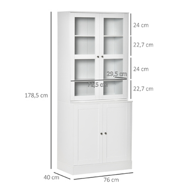 HOMCOM 178.5 cm Tall Bookshelf Display Cabinet with Glass Door, 6 Compartments, Kitchen Cabinet for Living Room, Kitchen - White | Aosom