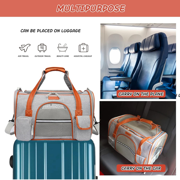 Транспортна переноска для котів та собак PETCUTE, сірого кольору, знімний килимок, дихаюча, з регульованим ременем, схвалена авіакомпаніями