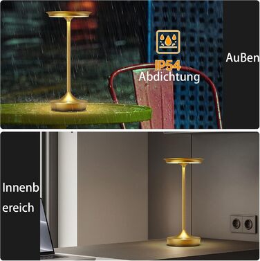 LED настільна лампа бездротова IP54 для вулиці та дому, 6000mAh, керований сенсорний вимикач, 3 кольори, для кемпінгу та офісу (Золота)