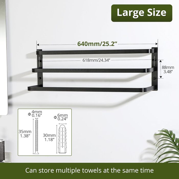 Тримач для рушників SAYAYO, чорний, 64 см, 3 стійки, для ванної кімнати та кухні