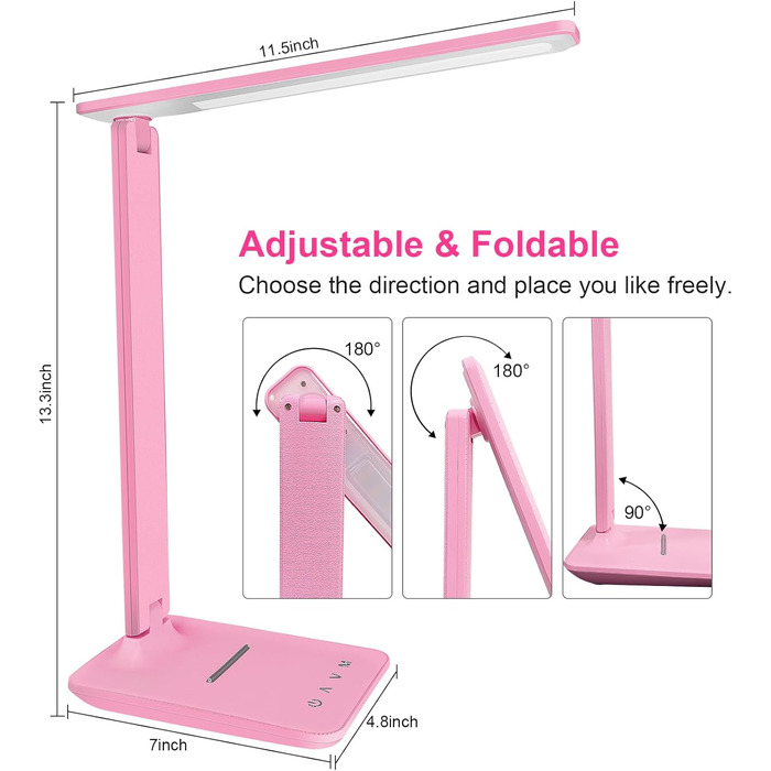 Лампа настільна LED Jumoking з регулюванням яскравості та захистом очей, 5 кольорів, 5 рівнів яскравості, USB-порт для зарядки, сенсорне керування, рожева (Pro)