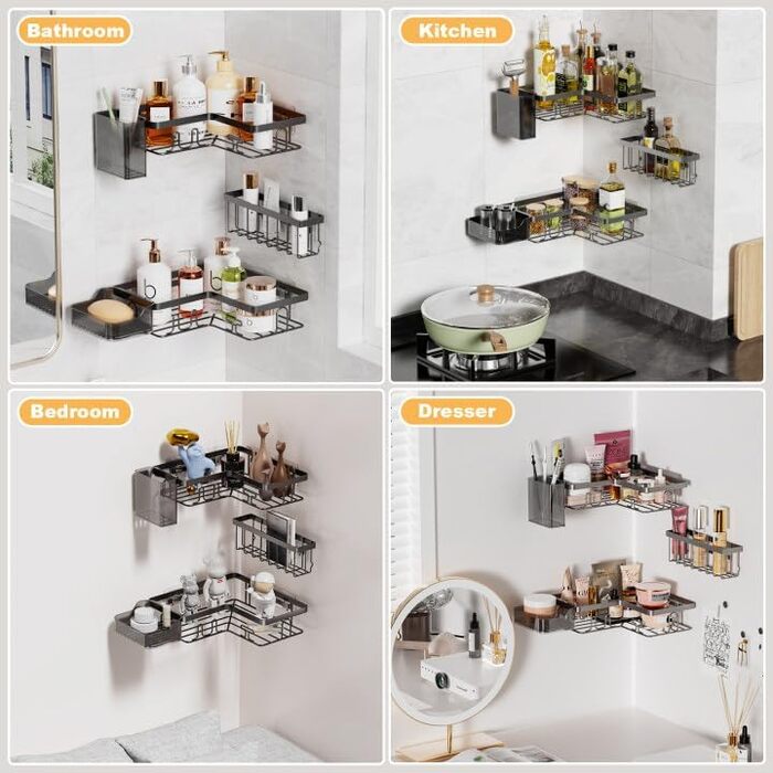 YEAUPE PRO Поличка для душу без свердління в кут – 5-елементний набір для ванної кімнати з 2 кутовими полицями, мильницею, тримачем для зубних щіток та кошиком, самоклеюча поличка на стіну, чорний кутовий кріплення