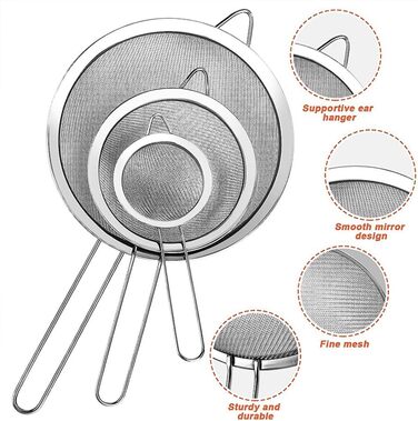 Набір кухонних сит з нержавіючої сталі, 3 шт (7/12/18 см), з посиленим руків'ям, дрібний сито, для випічки, приготування їжі, просіювання, соку