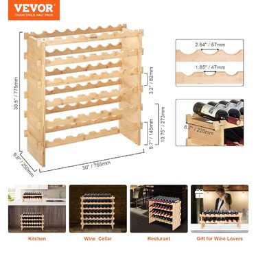 VEVOR Wine Rack, Wine Stand for 48 Bottles, Bamboo Bottle Rack with 6 Compartments, Stackable Vintage Wine Rack Metal for Cellar, Bar, Storage Room, etc. Bottle Holder Wine Bottle Rack, Holds up to 60 kg