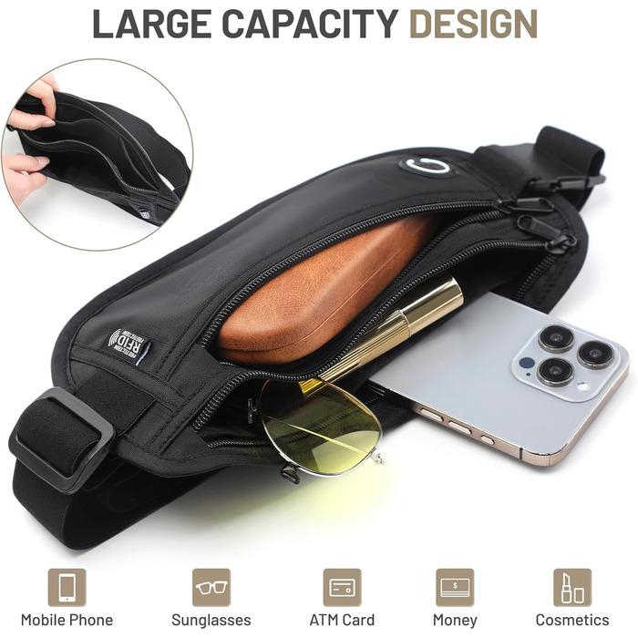 Водонепроникна поясна сумка з RFID захистом та антикрадійним замком для подорожей та спорту (Чорний)