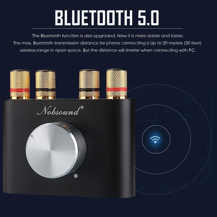 Nobsound Міні Bluetooth 5.0 цифровий підсилювач HiFi стерео 2.0 каналів 2×50 Вт, бездротовий аудіоприймач з блоком живлення, чорний