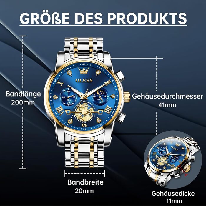Чоловічий годинник-хронограф OLEVS: водонепроникний кварцовий годинник зі сталевим ремінцем (золото-срібло) та синім циферблатом, бізнес-стиль