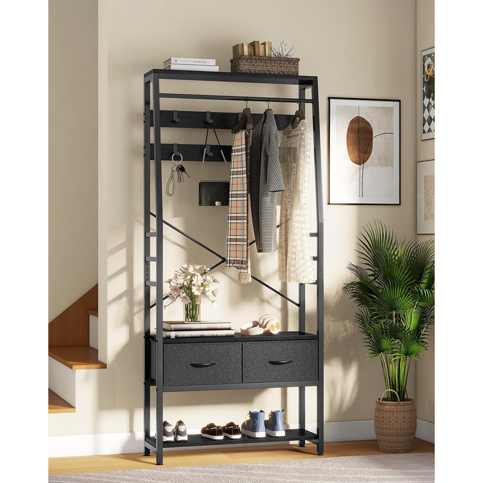 YITAHOME Entryway Storage Bench with Shoe Cabinet, Freestanding Entryway Bench with Bank and 2 Folding Drawers, Industrial Coat Rack with 8 Hooks for Entryway, Living Room, Bedroom, Metal Frame, Rustic Brown (Black)