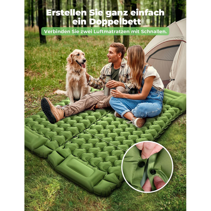 Glymnis Isomatte Camping Air Mattress - 9cm Thick with Foot Pump & Pillow - Ultralight Outdoor Sleeping Pad for Camping, Hiking & Travel - Army Green