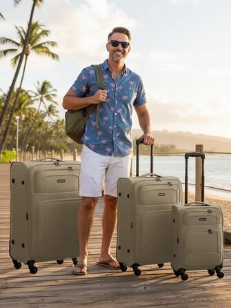 Набір валізак Smartbox (3 шт.) для жінок та чоловіків | Легкі та міцні валізи-ролери, якісний softcase, 4 колеса та кодовий замок | Розширювані | Бежевий колір