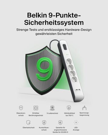 Мережевий фільтр Belkin з захистом від перенапруги та USB-портами, 8 розеток, 2 USB-A, 2.4A, кабель 2м, для дому та офісу