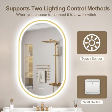 Дзеркало для ванної кімнати STARLEAD овальне LED з підсвічуванням 90x60 см, Bluetooth, диммер, 3 кольори світла, протитуманне покриття, функція пам'яті, HD скло, IP44, горизонтальне/вертикальне, без рамки, Munich Gold (Bluetooth)