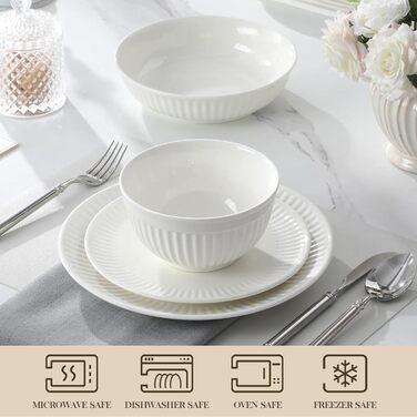 MALACASA LEILA Набір посуду на 6 осіб, 24 елементи: тарілки, миски, порцеляна, ручна робота, для мікрохвильовки та посудомийної машини, білий