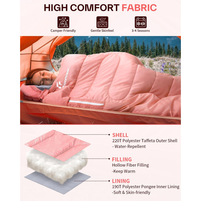 Сплячий мішок Sportneer Outdoor - ковдровий спальний мішок 3-4 сезони для дорослих, теплий, для кемпінгу, подорожей та активного відпочинку (200x85см, Рожевий)