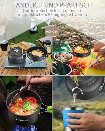 Набір кухонного посуду для кемпінгу Homgen: каструлі та сковорідки з алюмінію, легкий, для 2-3 осіб, з сумкою для зберігання, підходить для кемпінгу, пікніків, походів