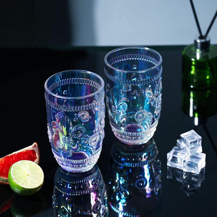 Joeyan 370ml Rainbow Water Glasses, Set of 4 Gradient Tumbler Glasses, Colorful Embossed Flower Pattern, Shimmering Iridescent Drinking Glasses, Romantic for Everyday Family Meals, Party, Office, Drinks, Cocktails, Juice
