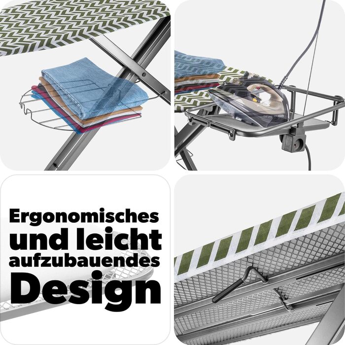 Прасувальна дошка KADAX з підвішувачем для рукавів, 130x41 см, з підставкою для праски та розеткою, складана, Made in EU (зелена)