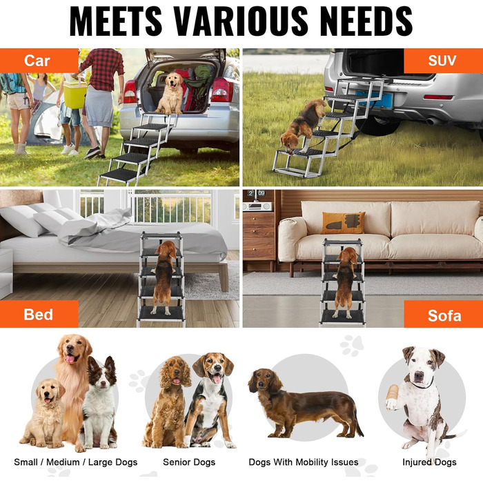 Сходинка для собак VEVOR: 5-ступенева автотреп'я для собак, легка алюмінієва конструкція, протиковзна поверхня, для авто, SUV та LKW